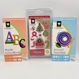 3 CRICUT CARTRIDGES - Trim the Tree, Accent Essentials, and Plantin Schoolbook
